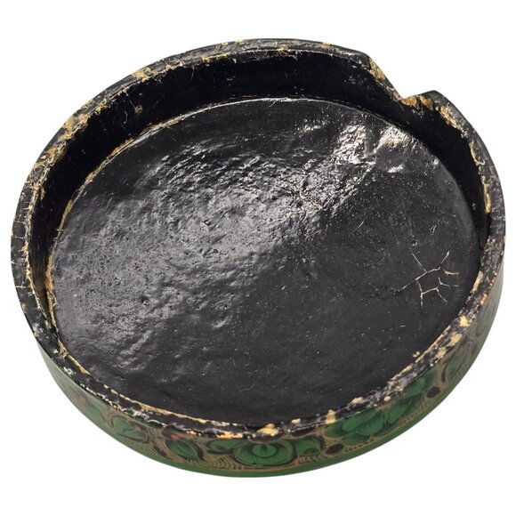 Paper Mache Green Floral Coaster Set Of 6 Storage Box Lacquered Hand Painted - Picture 12 of 15